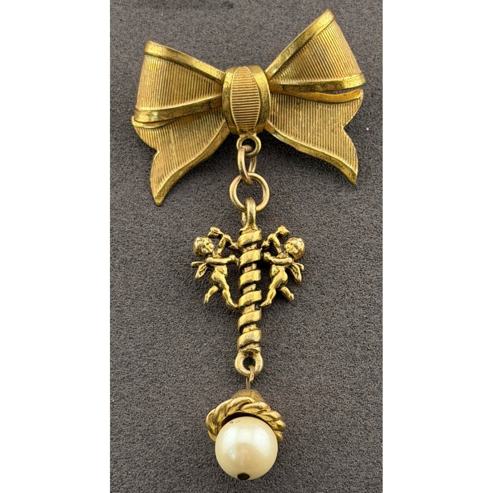 Vintage Miriam Haskell Bow Bar Brooch Cherub Drop Faux Pearl Dangle Signed 3"
